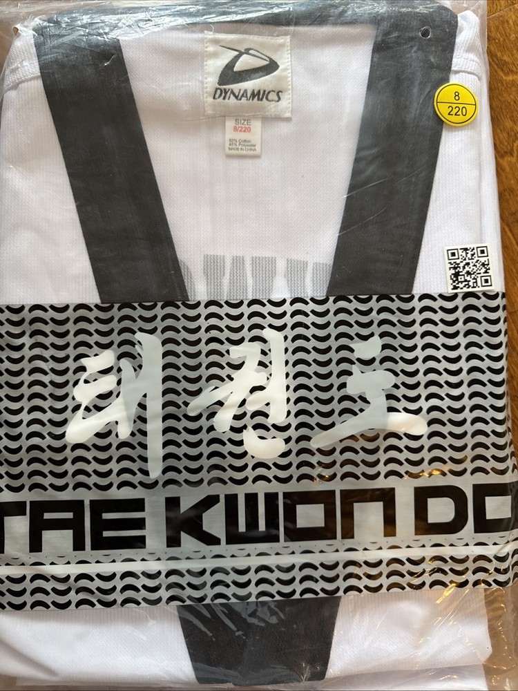 Dynamics White with Black Trim/V-neck Taekwondo Uniform Size 8 (220 Cm)
