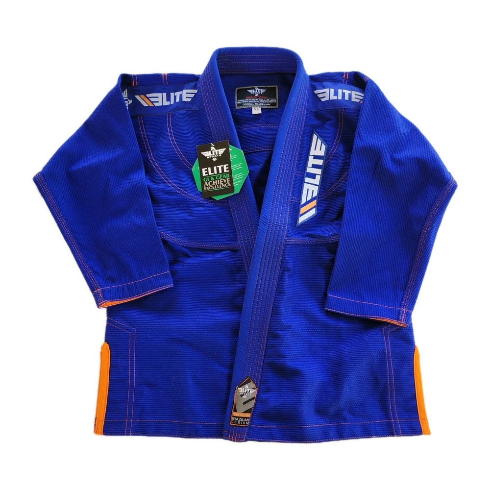 Elite Sports Brazilian Jiu Jitsu BJJ Gi Jacket – Kids C2 – Blue w/ Orange Trim