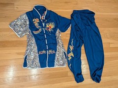 Blue Silver Kung Fu Tai Chi Martial Arts Uniform Set with Dragon Embroidery