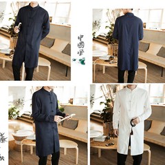 Men Chinese Tang Suit Kung Fu Tai Chi Cotton Linen Traditional Coat Long Uniform