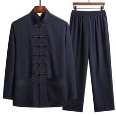 Mens Tang Suit Shirt + Pant Long Sleeve Kung Fu Uniform Chinese Style Tai Chi