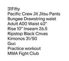31Fifty Pacific Crew Jit Jitsu Ripstop Pants Adult A00 Black MMA Sz 40 X 25 Guc