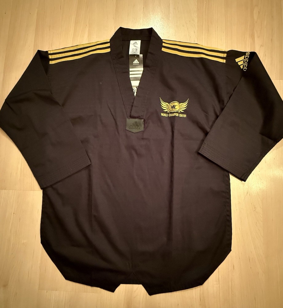 NWT Adidas World Champion Center Taekwondo Gi Jacket With 3 Stripes Black Gold