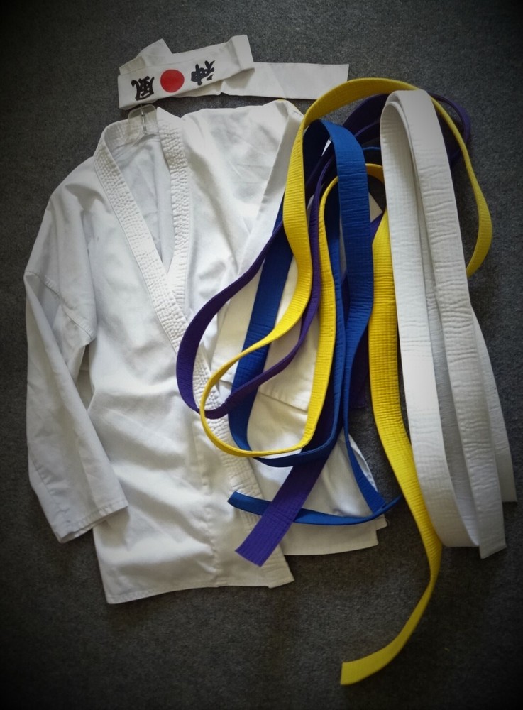 Karate Martial Arts Uniform Jacket & 4 Belts Blue Purple Yellow White & Headband