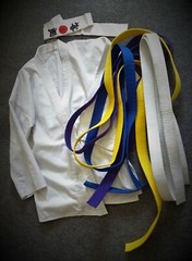 Karate Martial Arts Uniform Jacket & 4 Belts Blue Purple Yellow White & Headband