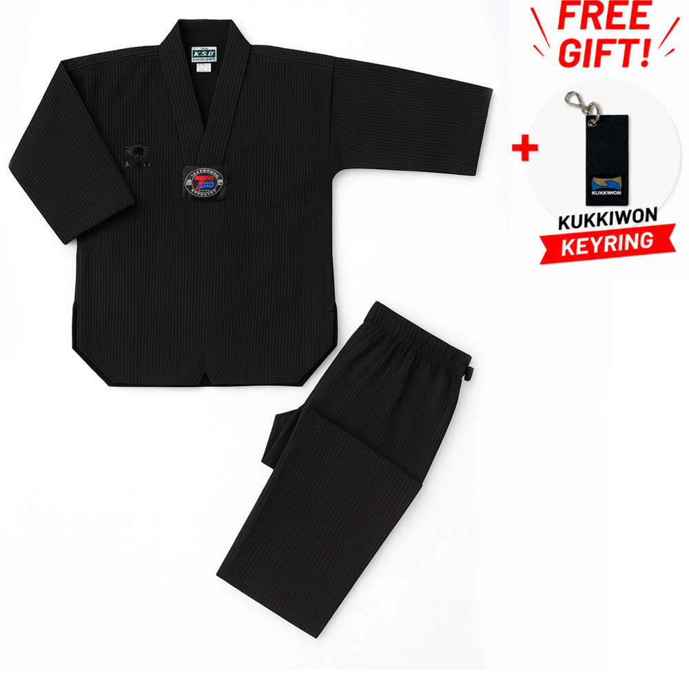 Taekwondo Uniform Black Color Kukkiwon Demo Team Competition Player + Gift