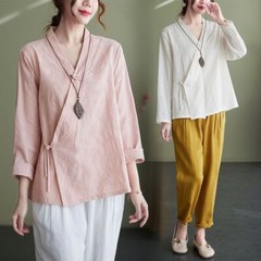 Vintage Diagonal Placket Button-down Shirt Long-sleeved Top Retro Zen