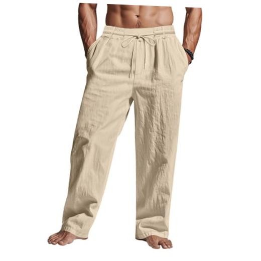 Men Casual Cotton Linen Pants, Elastic Drawstring Waist X-Large Light Khaki
