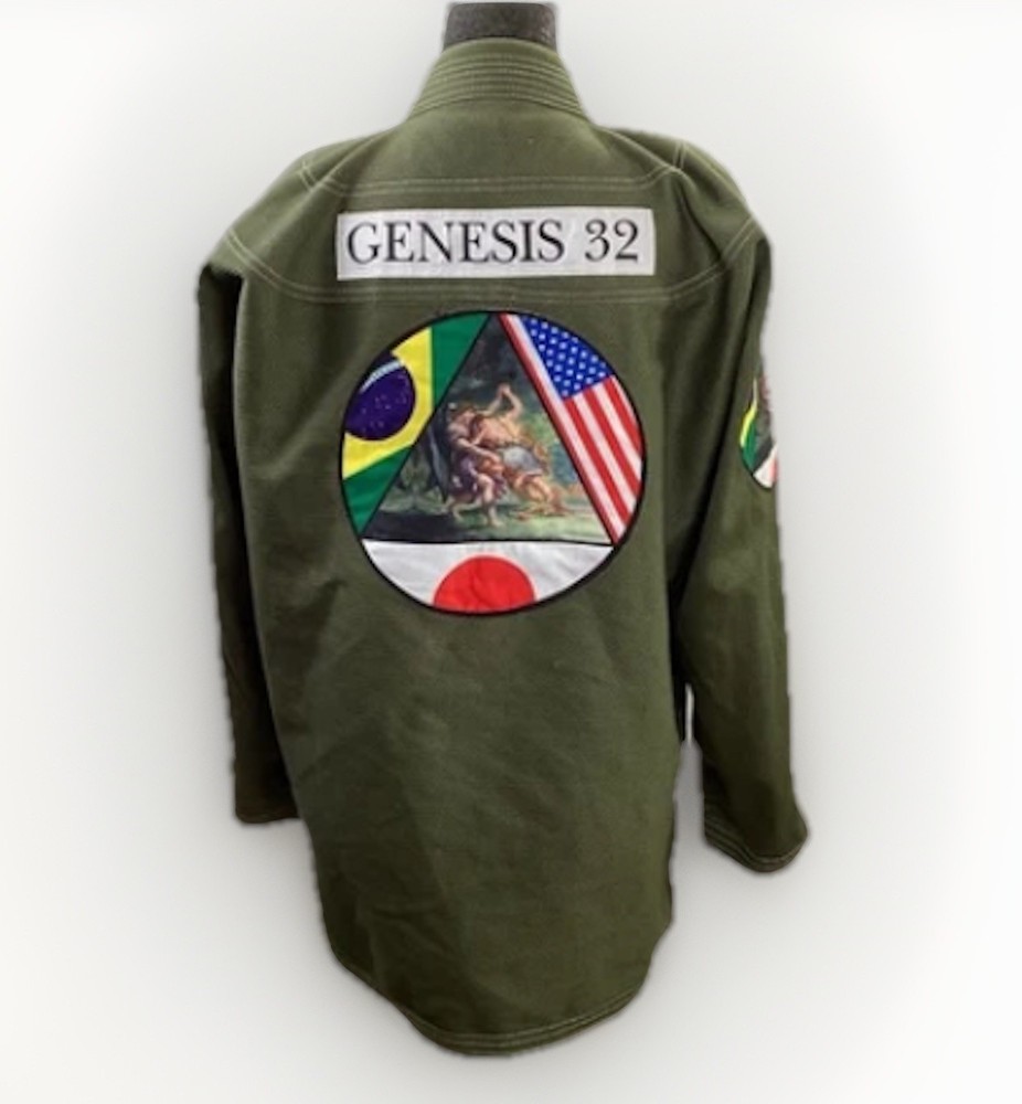 Jiu Jitsu Gi Size A2 Olive Green Biblical Scene Genesis 32 Brazil USA Japan Flag