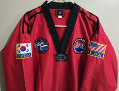Adult VISION Taekwondo Gi Uniform Size 4/180, RED, Master Yoo Black Belt Patches