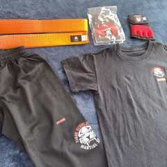 Tiger Schulmann’s Martial Arts Kids Uniform Set – Pants, Shirt, YL Gloves & Belt