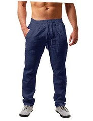 Mens Linen Pants Casual Loose Lightweight Drawstring Medium 01-navy Blue