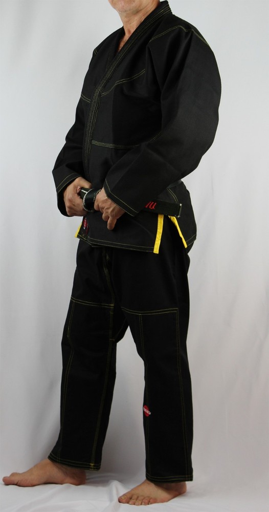 KANKU Black BJJ Gi with yellow, red, or black stitching jiu jitsu uniform pearl