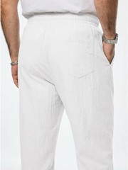 Mens 100% Cotton Pants Casual Elastic Waist Drawstring Medium 1 White