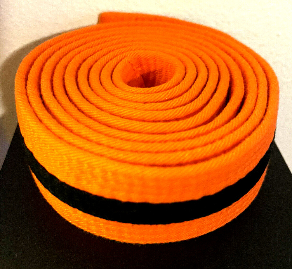 KI International Karate Belt Orange Black Stripe Size 0 75.5”