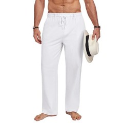 Men Casual Cotton Linen Pants, Elastic Drawstring Waist Summer Medium White
