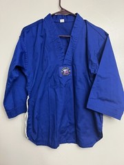 Taekwondo Gi Kids Size 1/150 Blue 2-Piece Used. With 2 Belts Green And White.
