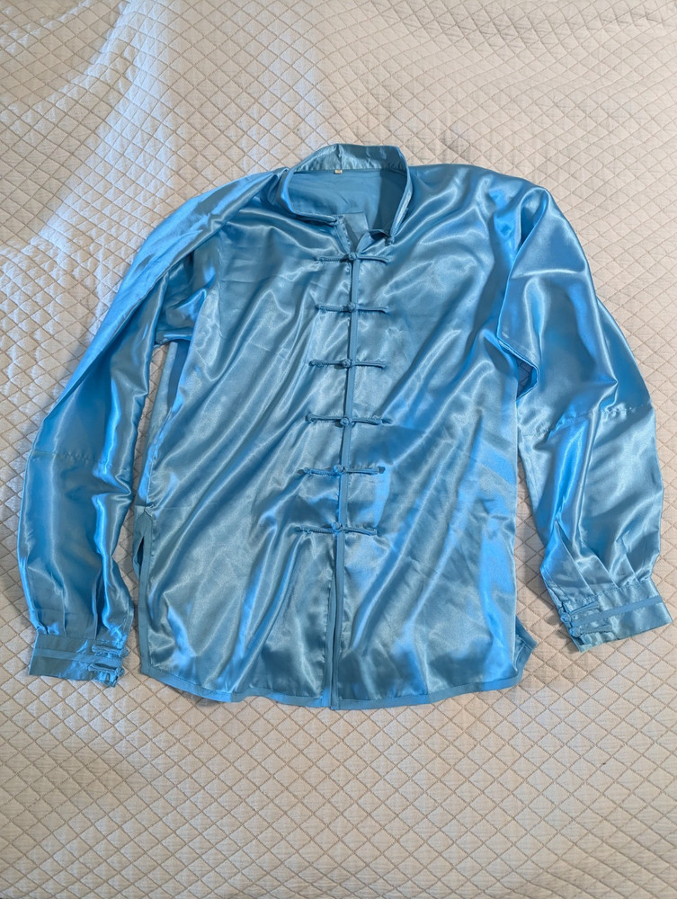 Satin Uniform, tai chi kung fu wing chun, top pants belt, blue, long sleeve