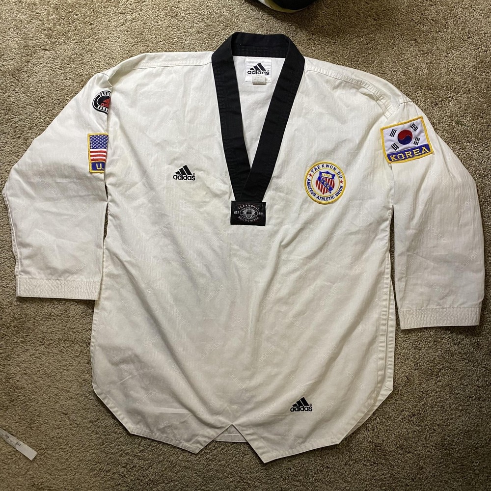 Adidas Taekwondo Dobok Top Mens Medium White Black Collar USA Korea AAU Patches