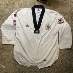 Adidas Taekwondo Dobok Top Mens Medium White Black Collar USA Korea AAU Patches