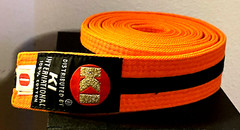 KI International Karate Belt Orange Black Stripe Size 0 75.5”