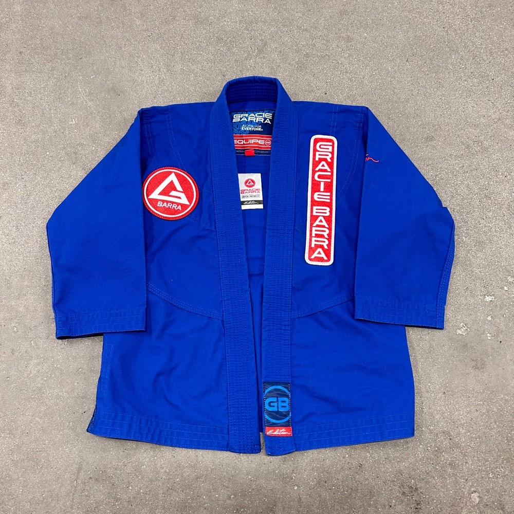 Gracie Barra Equipe GB Jiu Jitsu Gi Jacket Youth Y3 Royal Blue Logo Side Slit