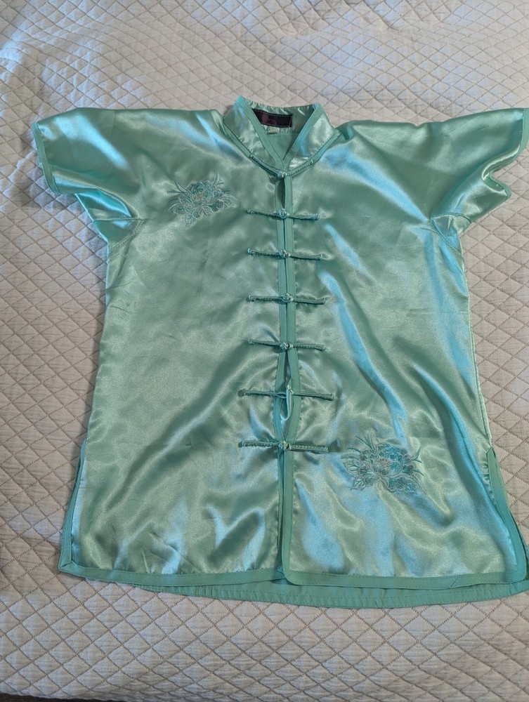 Satin Uniform, tai chi kung fu wing chun, top pants belt, green, short sleeve