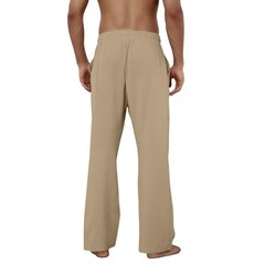Cotton Linen Pants Men, Summer Beach Pants Loose Fit with Elastic Large Coffee