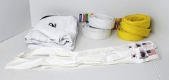 Dynamic Taekwondo Uniform Set Size 0/140 w/4 Belts 2 Headbands CMA TKD