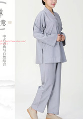 Men Women Shaolin Buddhist Monk Religion Suits Cotton Yoga breathable buckle Set
