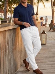 Mens 100% Cotton Pants Casual Elastic Waist Drawstring Medium 1 White