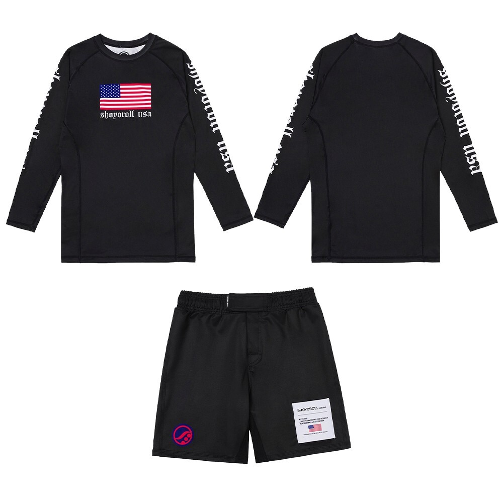 Shoyoroll Batch #151 24 American Rash Guard LS & Training Fitted Shorts JiuJitsu