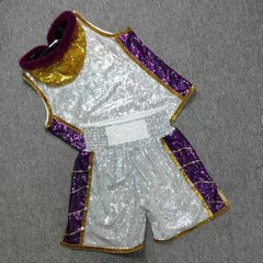 Custom Chain Trim Boxing Fight Robe Set – Sequin Silver Purple Entrance Uniform