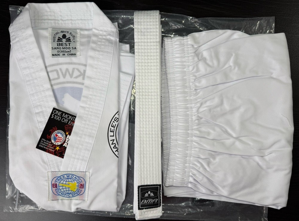 NEW Best Sang Moo Sa Taekwondo Uniform Dobok Size 0 (140cm) Han Lee’s Academy