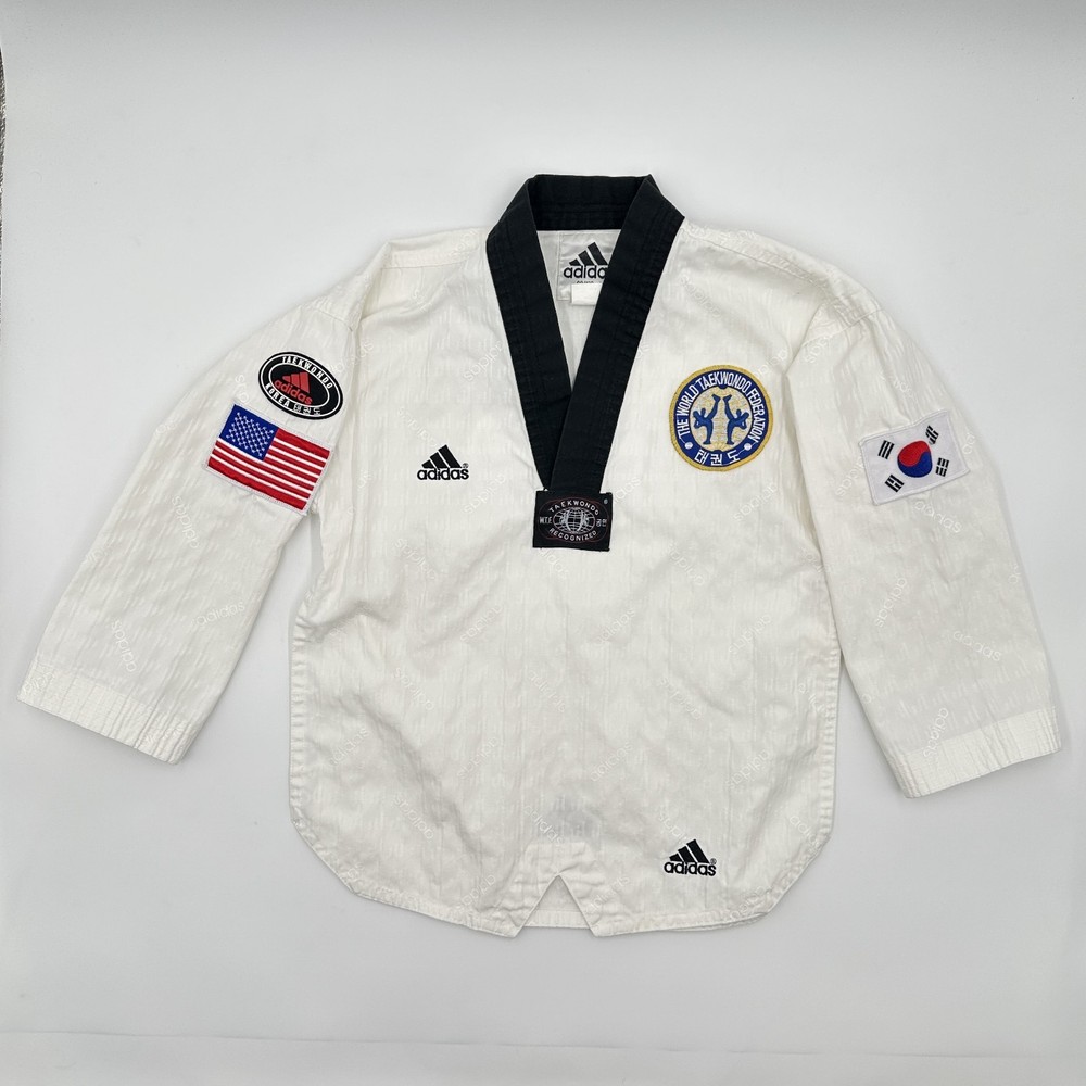 Vtg Adidas Taekwondo Dobok Uniform Top Size 00 130cm WTF Patches USA Korea