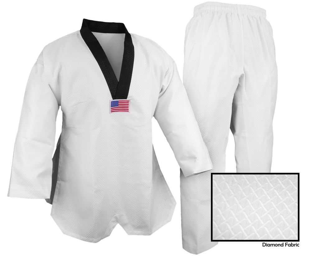 New V-Neck Taekwondo Deluxe Jaquard Diamond Fabric Gi Uniform White w Black Trim