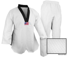 New V-Neck Taekwondo Deluxe Jaquard Diamond Fabric Gi Uniform White w Black Trim