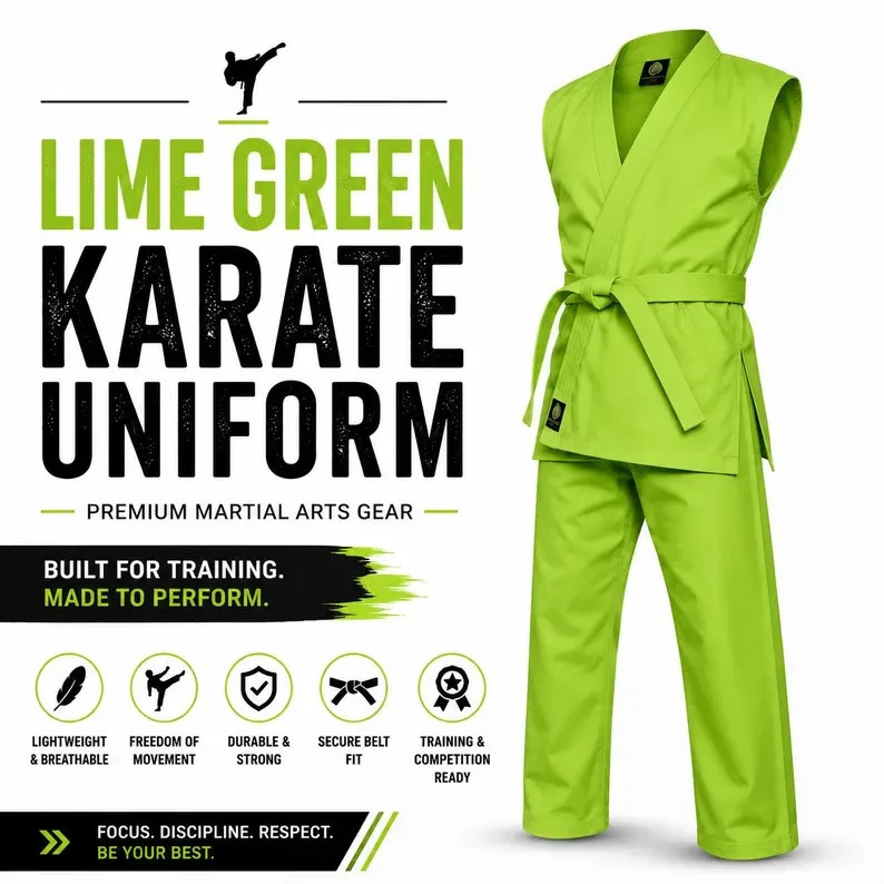 Lime Green Karate Uniform with Belt | Sleeveless Karate Gi for Kids & Adults