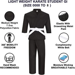 BLACK Karate Uniform, Gi 7 oz Adult Kids w/White belt Tae Kwon US Size TMA