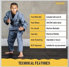 Elite Sports IBJJF Ultra Light BJJ Brazilian Jiu Jitsu Gi for Kids Gray Size C3