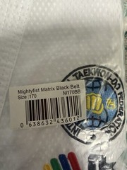 ITF Taekwondo GI Top Bottom Pants Adult, Size 170 Black Belt White Uniform