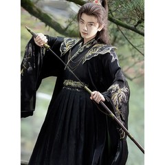 Unisex Black Hanfu Cloud Shoulder Embroidery Swordsman Cosplay Costume Unisex