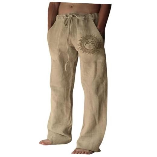 Cotton Linen Pants Men, Summer Beach Pants Loose Fit with Elastic Large Coffee