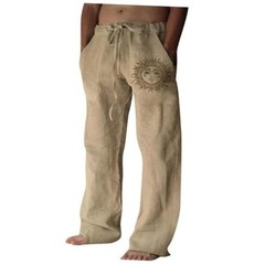 Cotton Linen Pants Men, Summer Beach Pants Loose Fit with Elastic Large Coffee