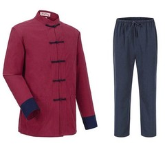 2PCS Mens Traditional Chinese Tang Suit Coat Pants Kung Fu Wingchun Uniform New