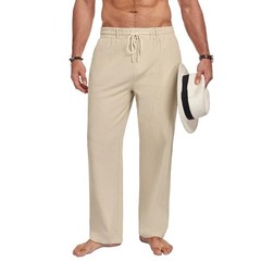 Men Casual Cotton Linen Pants, Elastic Drawstring Waist X-Large Light Khaki