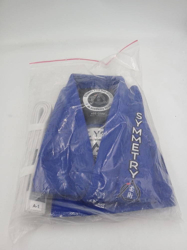 Symmetry Jiu-Jitsu Kids Gi Uniform Set Small A1 Blue 450 GSM White Belt New