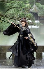 Unisex Black Hanfu Cloud Shoulder Embroidery Swordsman Cosplay Costume Unisex