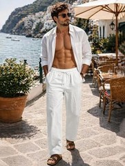 Men Casual Cotton Linen Pants, Elastic Drawstring Waist Summer Medium White