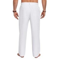 Men Casual Cotton Linen Pants, Elastic Drawstring Waist Summer Medium White